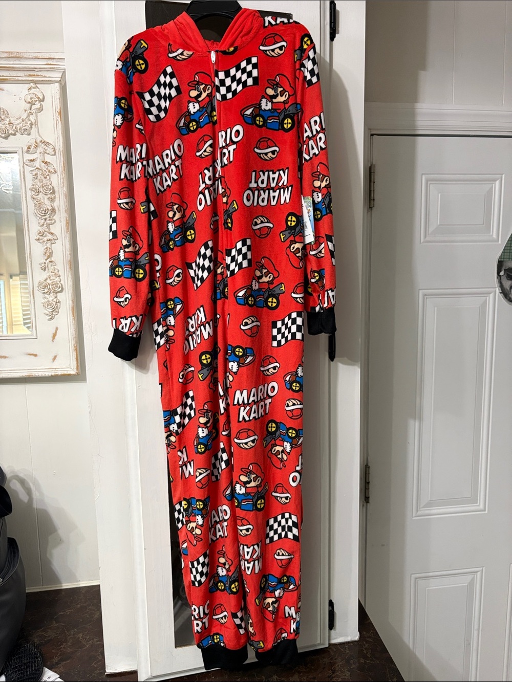 NWT Mario Kart Kids Hoodie Pajamas in Bright Red with Checkered Trim